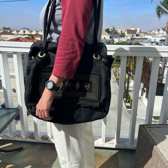 White Elephant Florence Italy linen canvas black fringe beaded tote aztec hippie - Picture 7 of 15